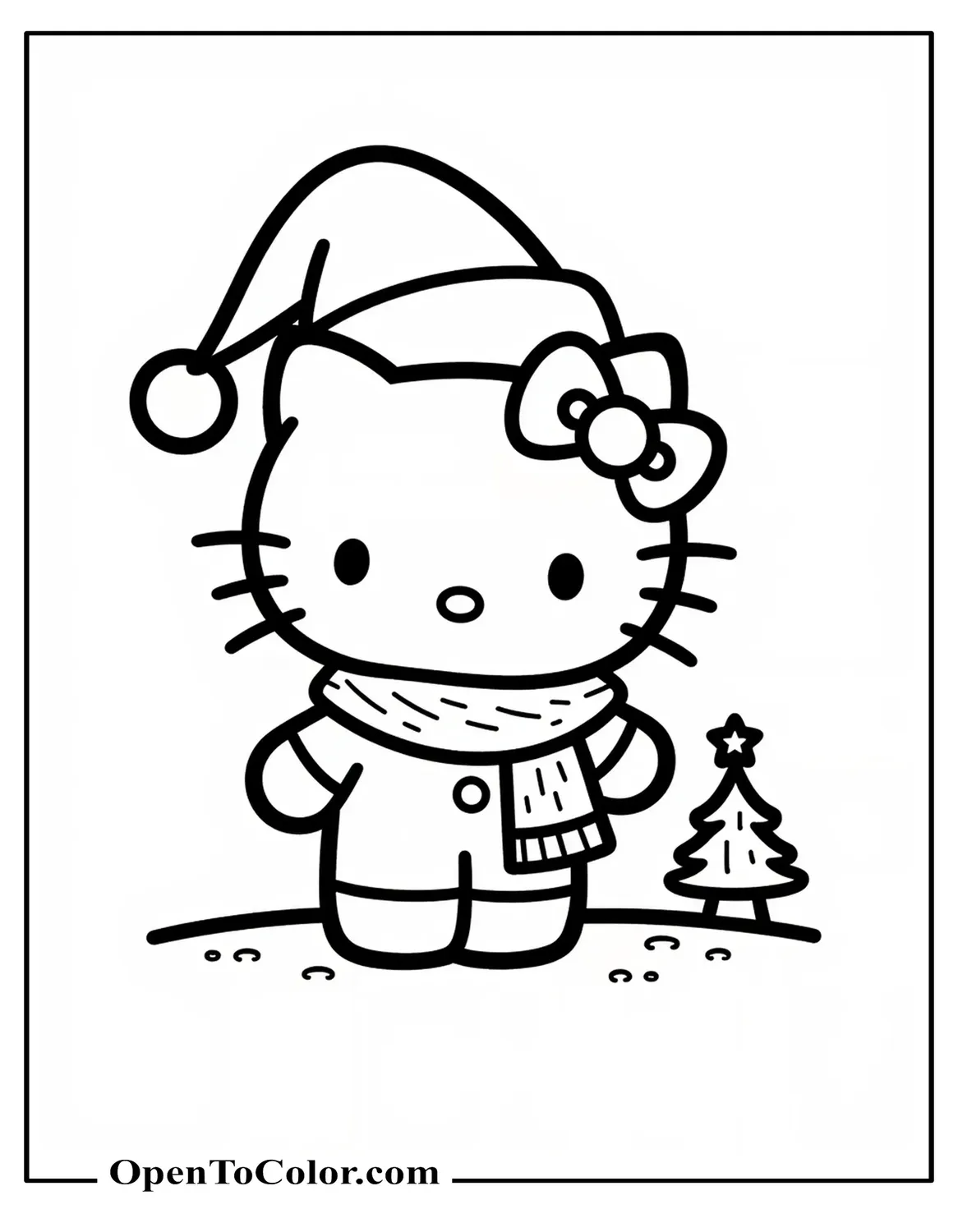 Hello Kitty with a bow and Santa hat, standing by a small tree, Sanrio style, printable coloring sheet.