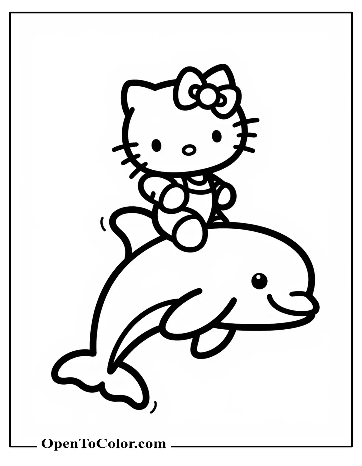 Coloring page PDF of Hello Kitty riding on the back of a smiling dolphin with a big bow on her head.