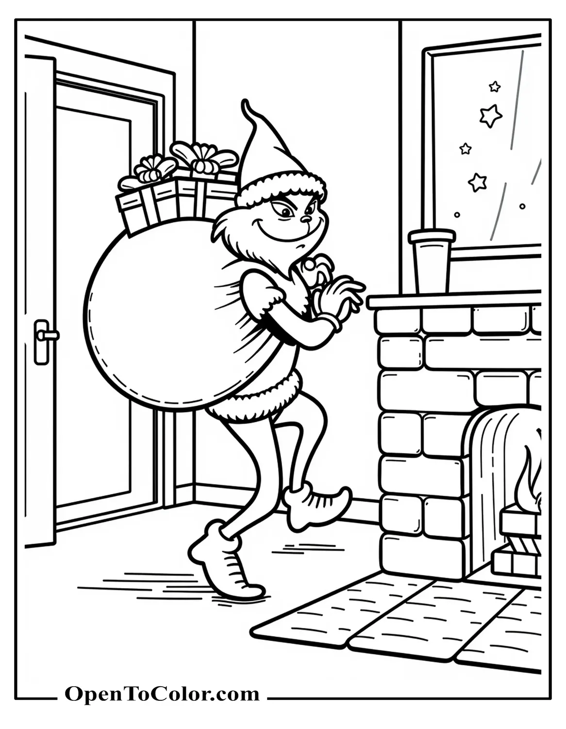 Grinch Sneaking Through a Room Carrying a Large Sack of Gifts Over His Back Next to a Chimney Coloring Page PDF