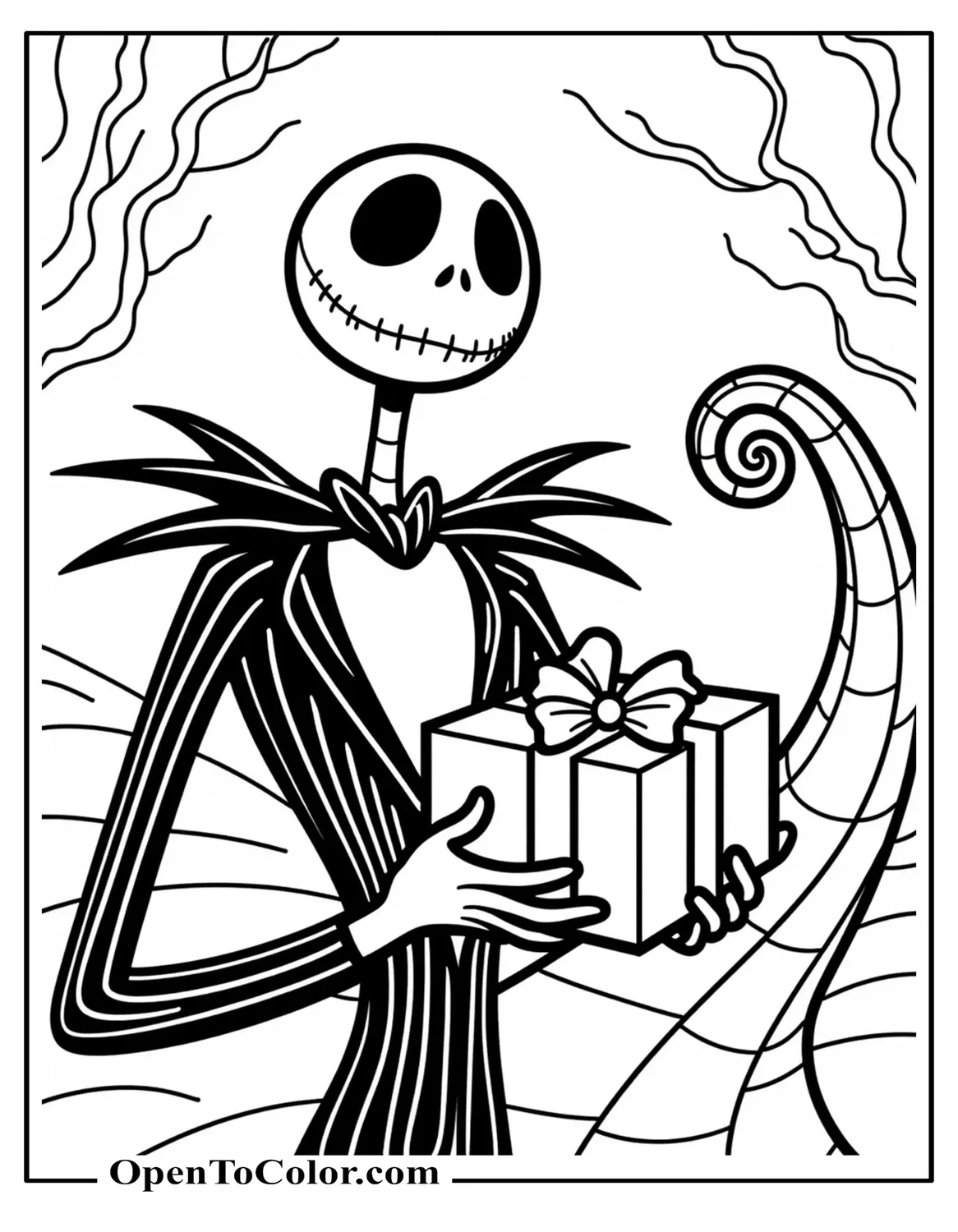 Jack Skellington holding a gift box with a bow, spiral hill in background, coloring sheet PDF.