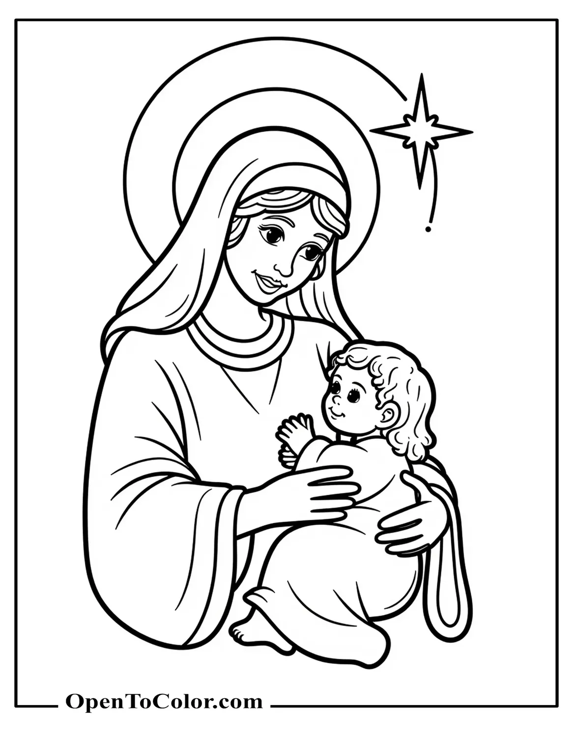 Free coloring sheet of Baby Jesus and Mary, Mary cradling the child, large guiding star above.
