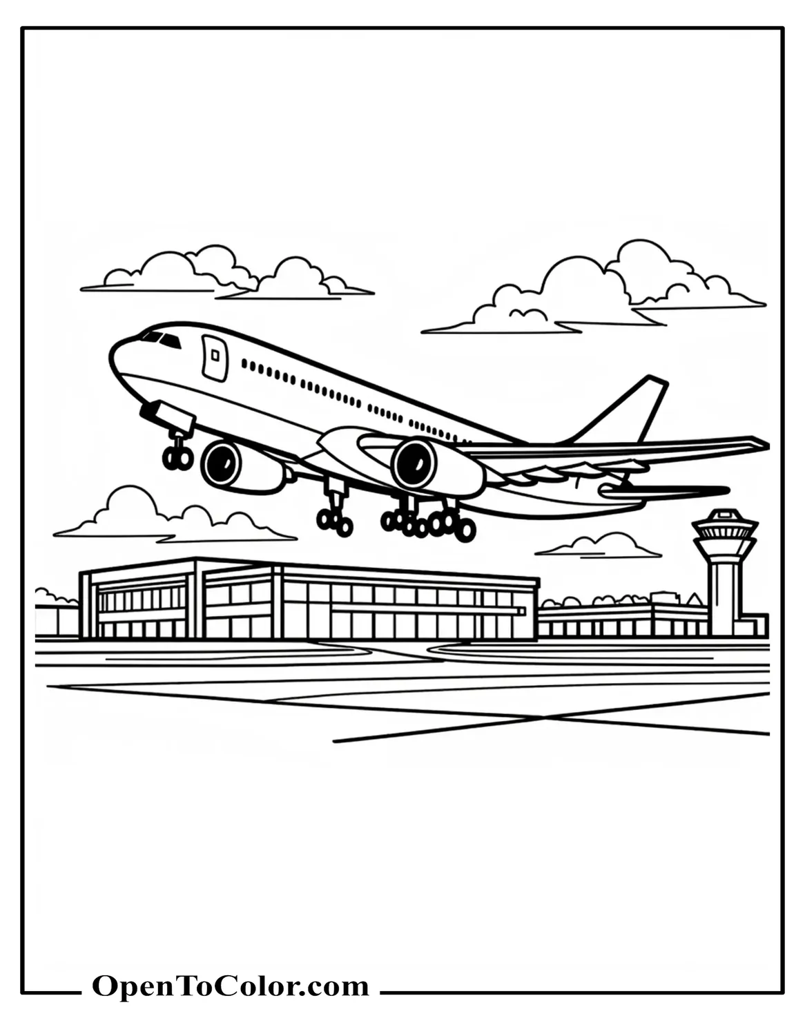 Coloring sheet PDF of jumbo jet taking off with airport terminal and tiny control tower behind.