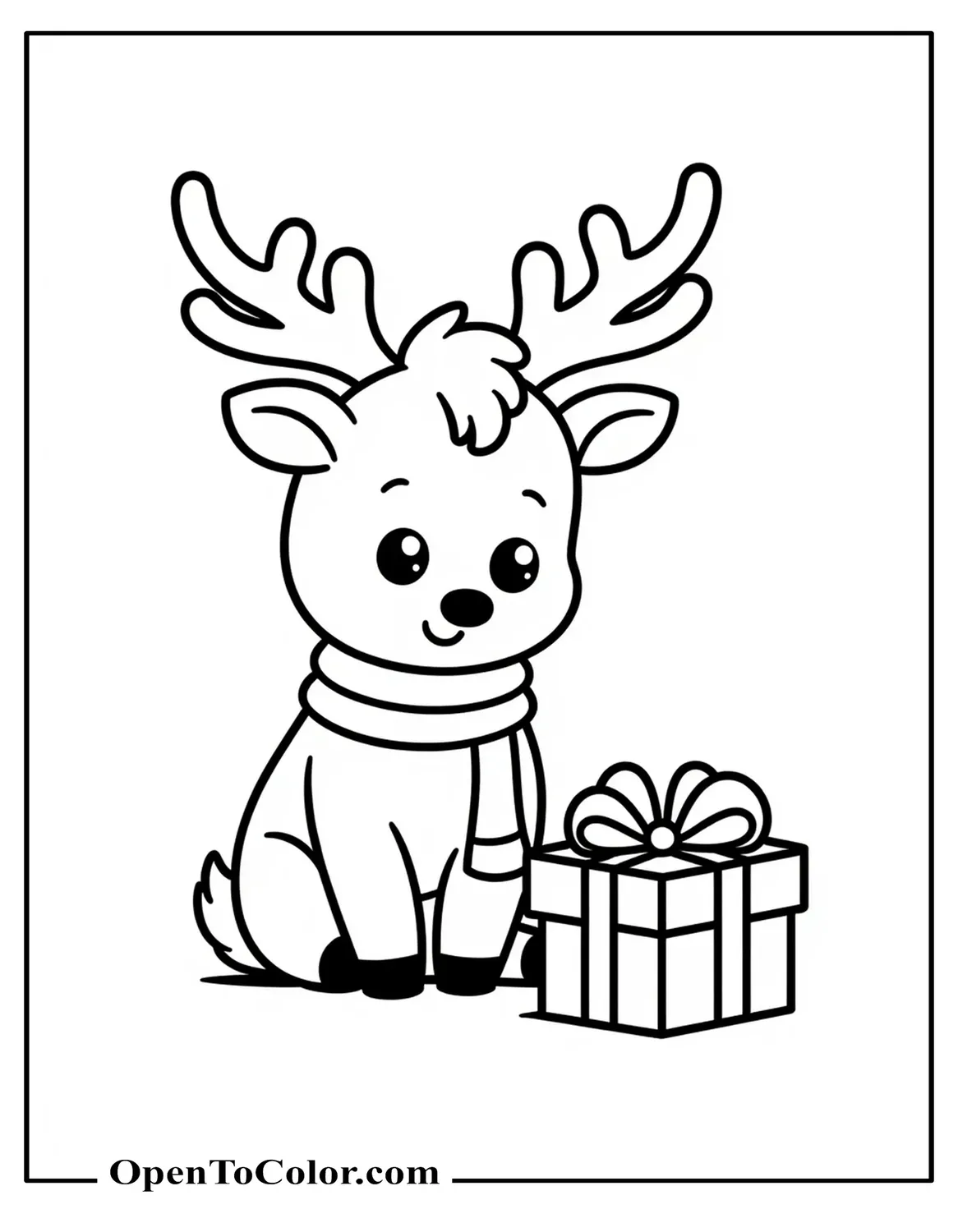 Printable Coloring Sheet of a Cute Chibi Reindeer Wearing a Scarf, Sitting by a Small Gift Box