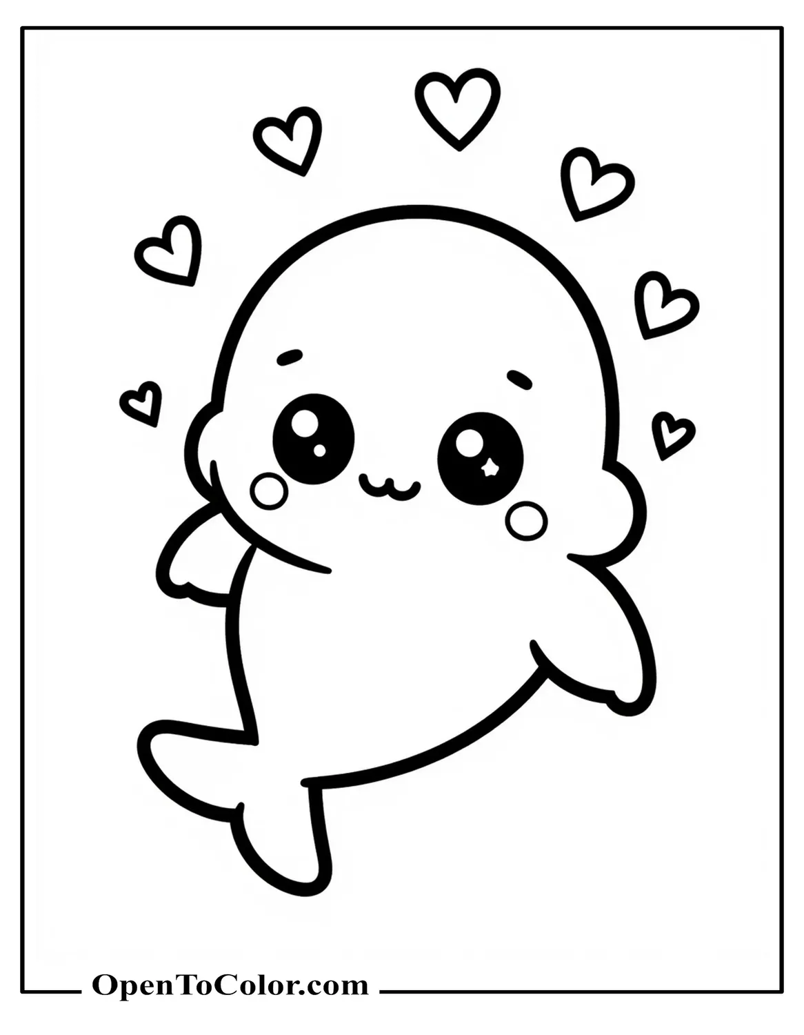 Printable Coloring Sheet of a Kawaii Chubby Dolphin With Tiny Fins, Big Sparkling Eyes, and Floating Hearts
