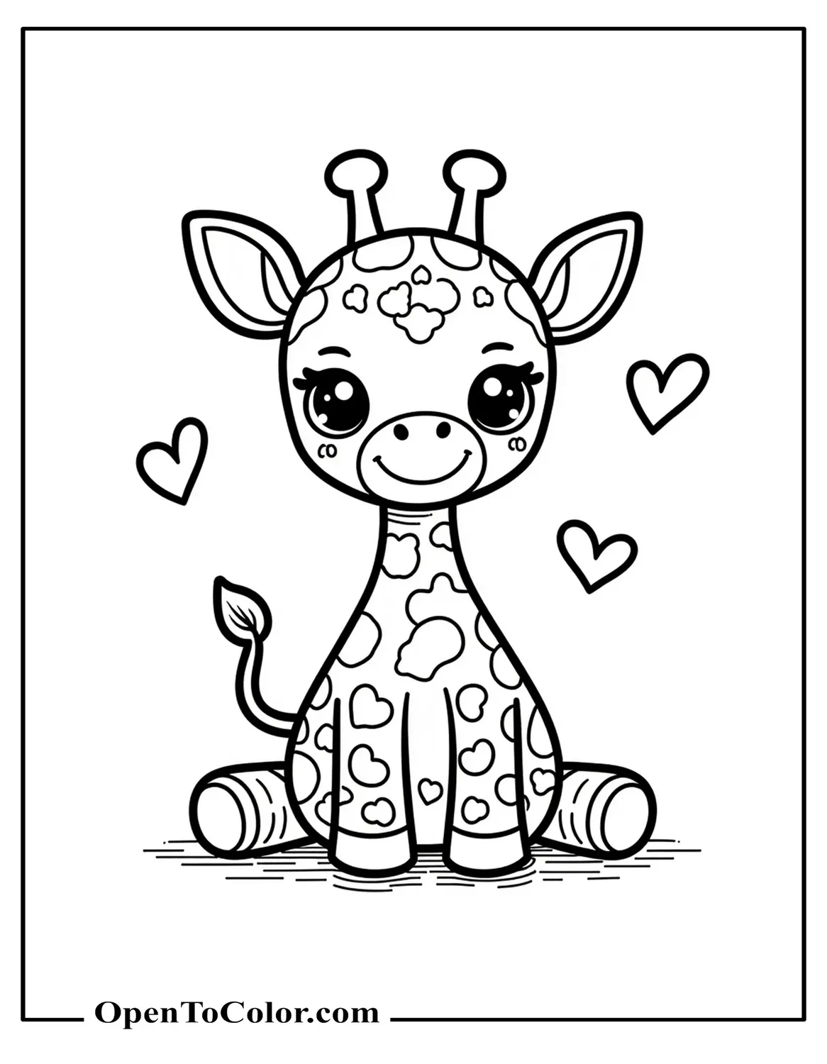 Free Coloring Sheet of Kawaii Baby Giraffe Sitting with Tiny Legs and Big Sparkling Eyes, Small Hearts Around