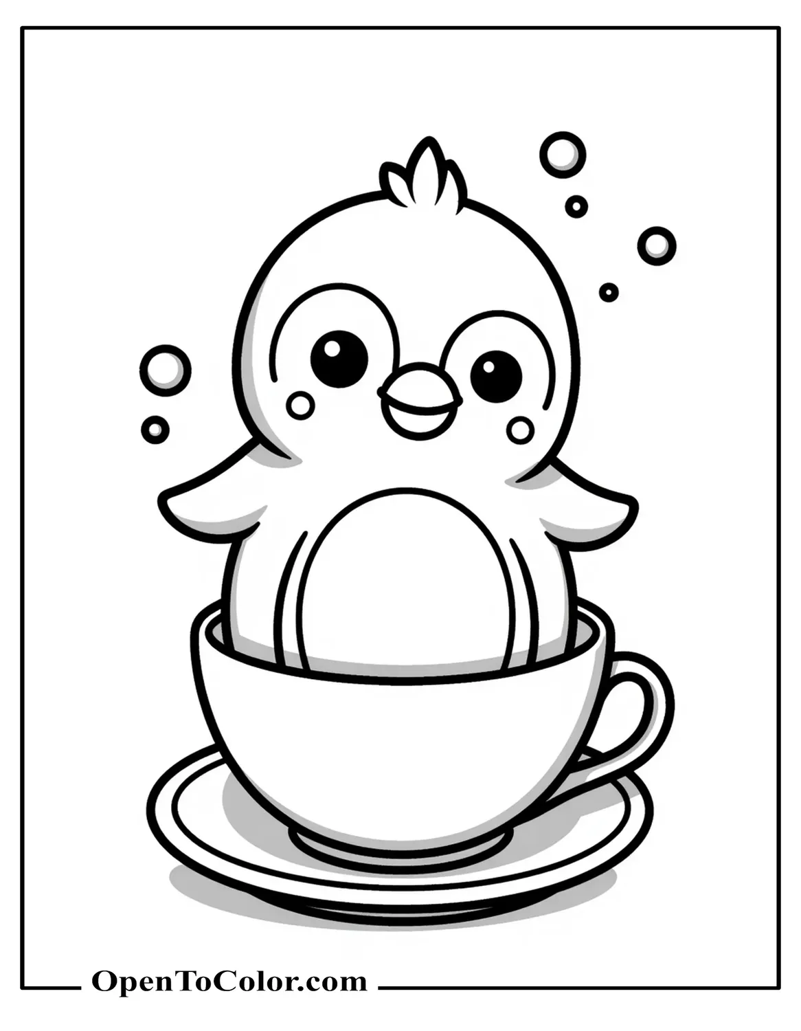 Kawaii Penguin Sitting In A Teacup With Tiny Bubbles Around, Printable Coloring Sheet