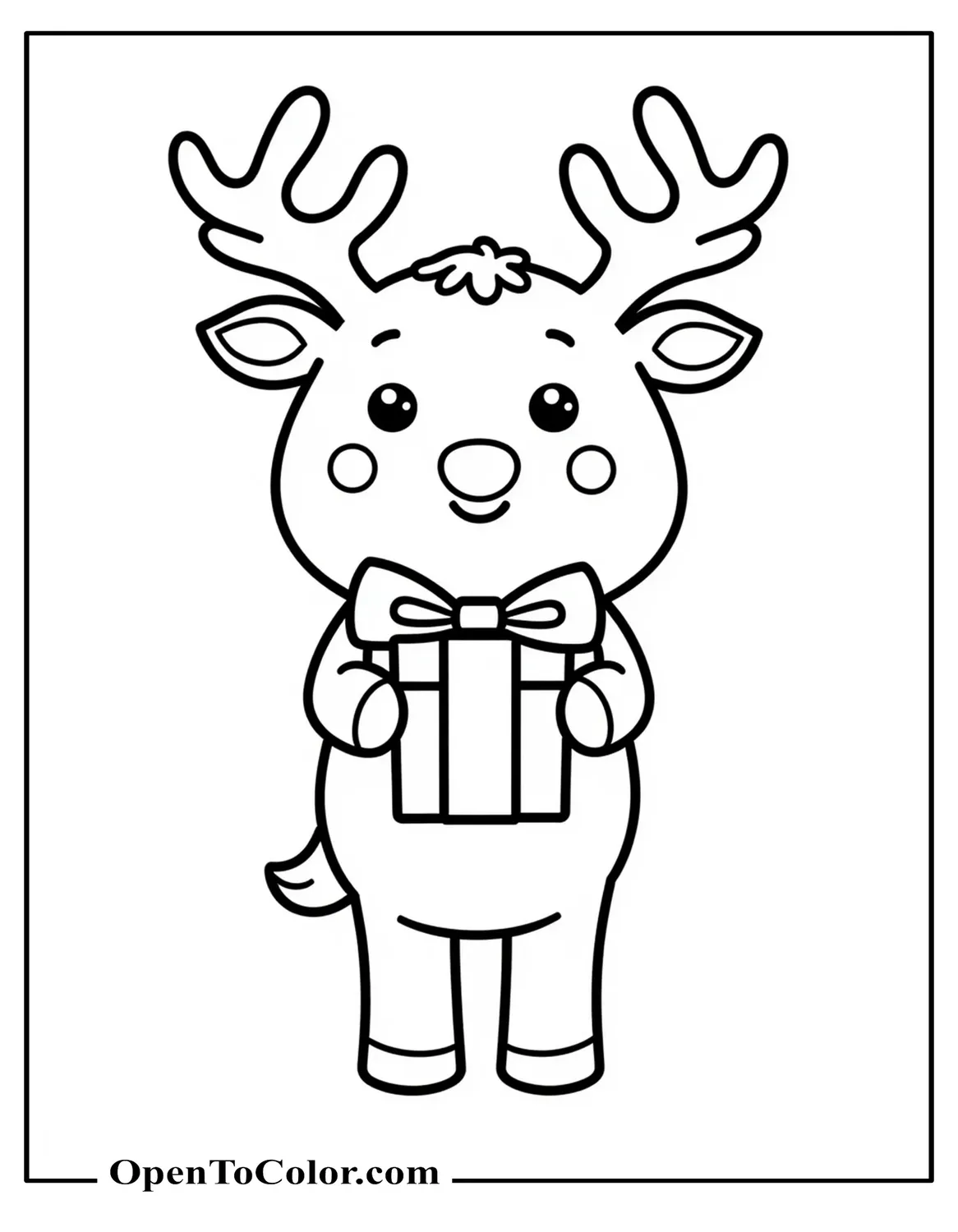 Kawaii Reindeer Coloring Sheet, Holding A Present, Oversized Head, Tiny Body, Printable
