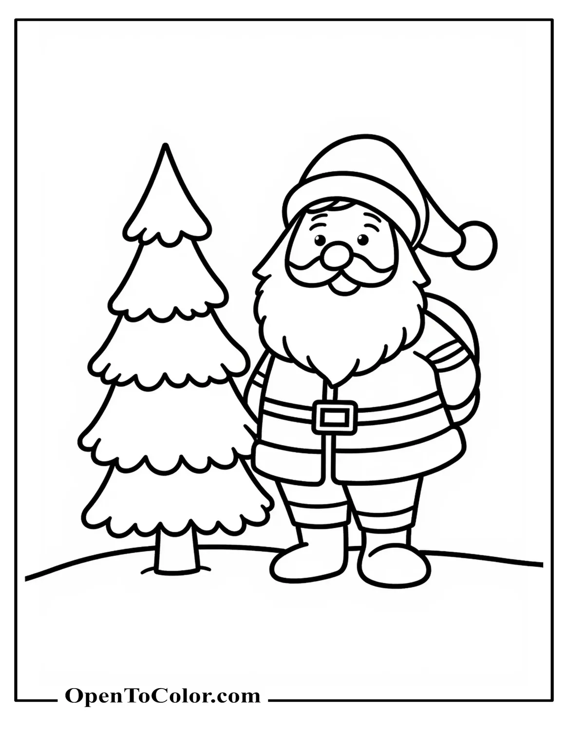 Kindergarten-Friendly Santa and Tree Coloring Sheet with Large Shapes, Simple Lines, PDF