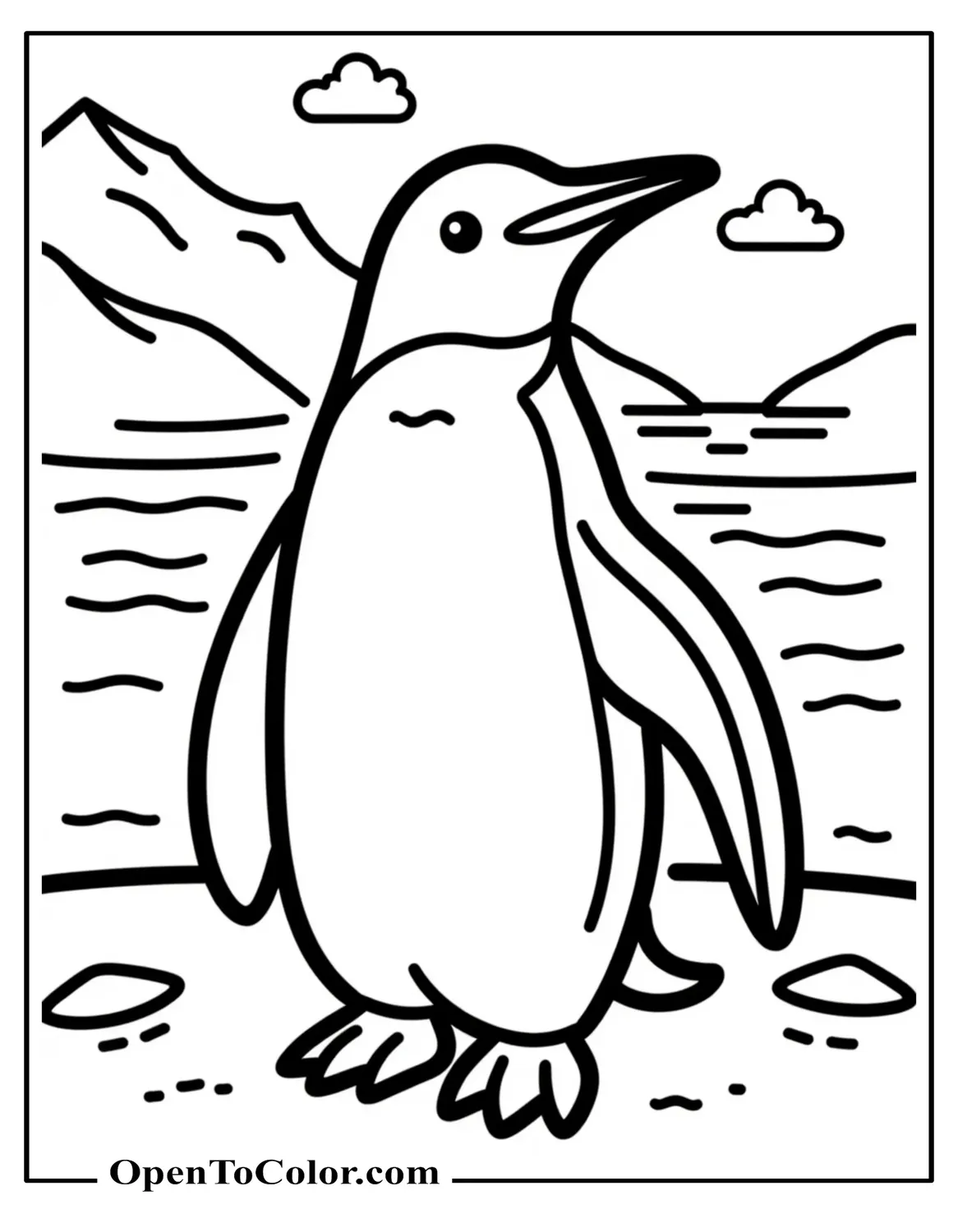Free King Penguin Coloring Page with Yellow Neck Patch and Icy Backdrop