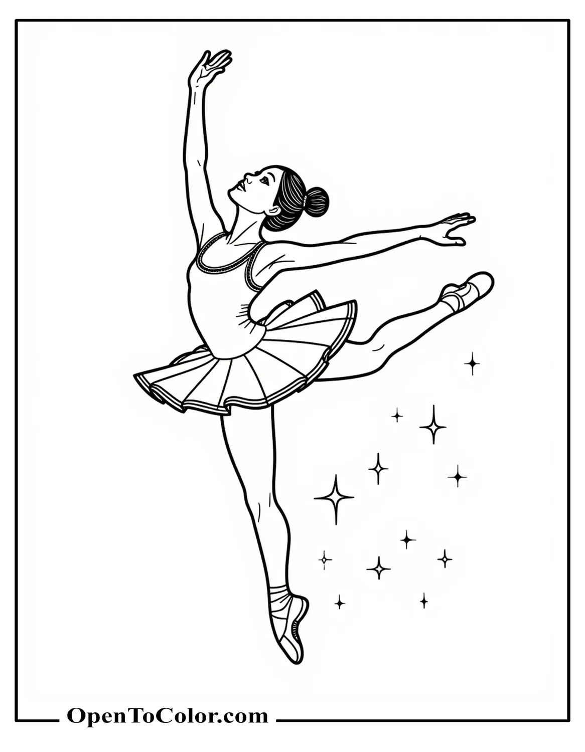 Printable coloring sheet of a ballerina captured in a grand jeté leap across the page with small sparkles trailing behind her.