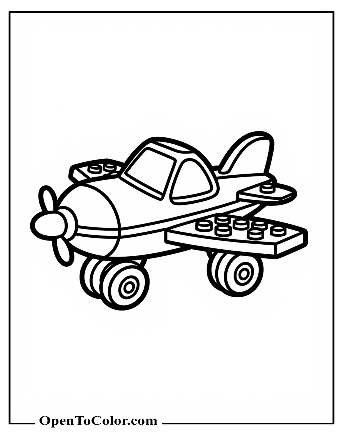 Free Coloring Page of Blocky Lego Style Airplane with Studded Bricks and Small Wheels