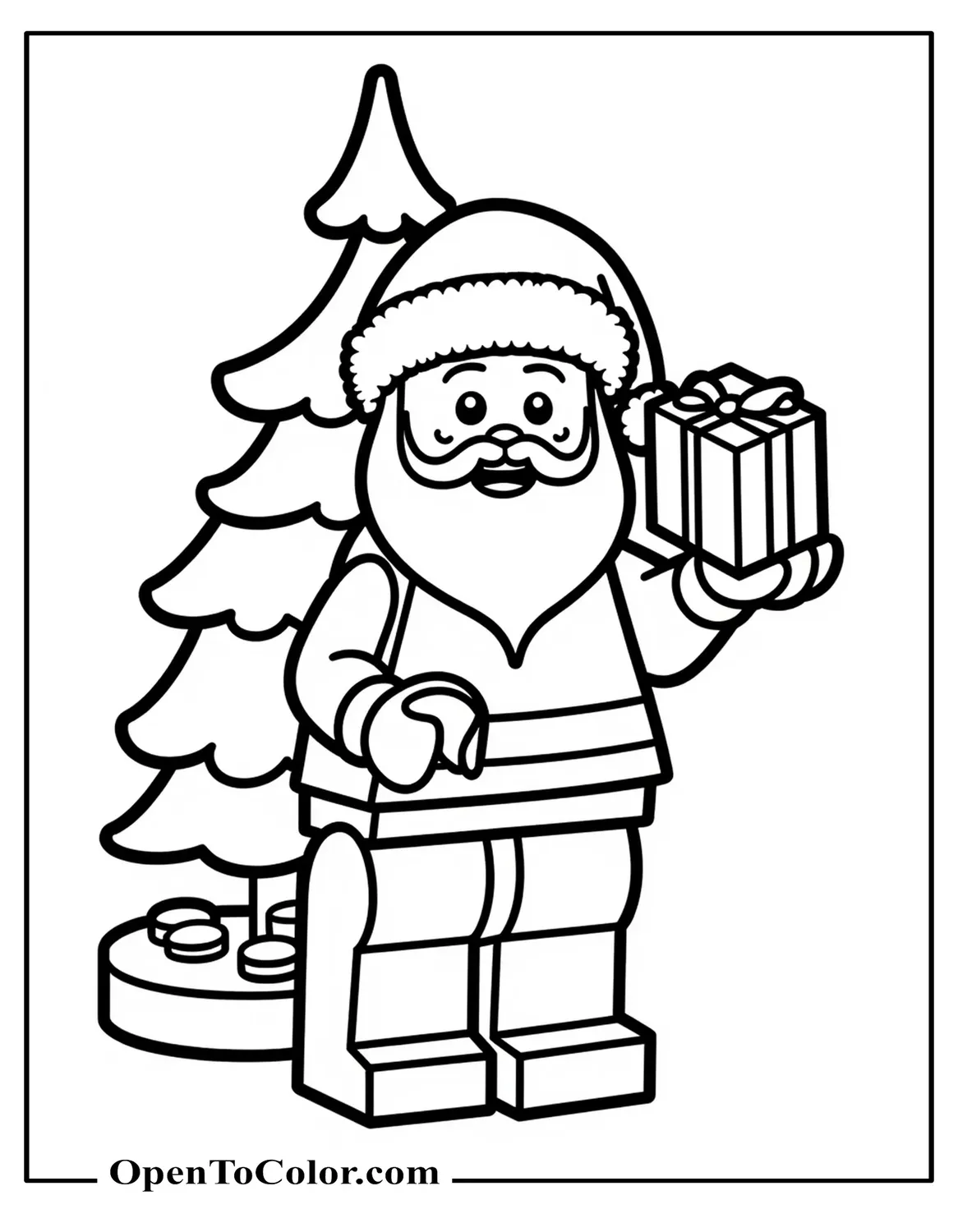 Free Coloring Sheet of Lego Minifigure Santa Holding a Tiny Brick Present, Blocky Tree Behind