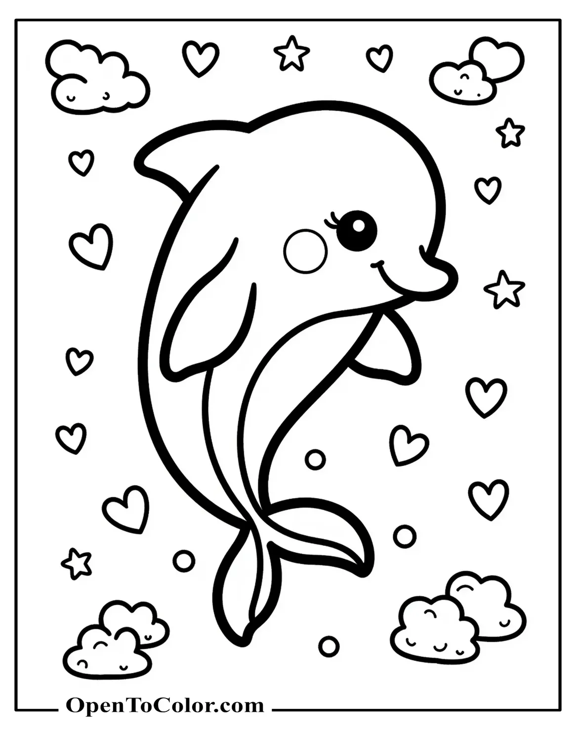 Free Lisa Frank style cartoon dolphin coloring page surrounded by stars, hearts, and clouds.