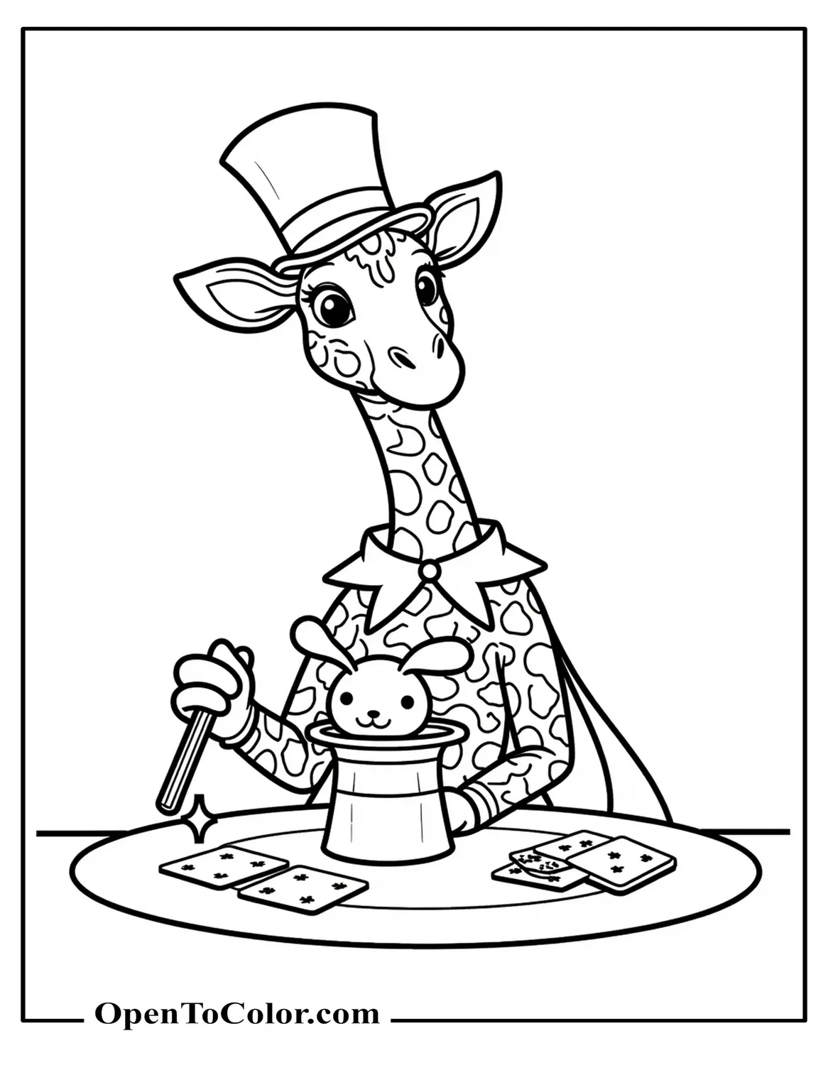 Giraffe Wearing A Magician Hat And Cape Pulling A Rabbit From A Hat On A Table, A Few Sparkles And Playing Cards Around, Printable Coloring Page