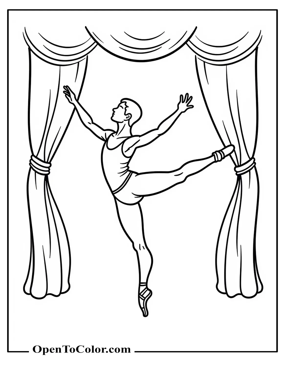 Printable Coloring Sheet of Male Ballet Dancer in Fitted Costume Lifting One Leg High Behind in Arabesque with Simple Stage Curtains