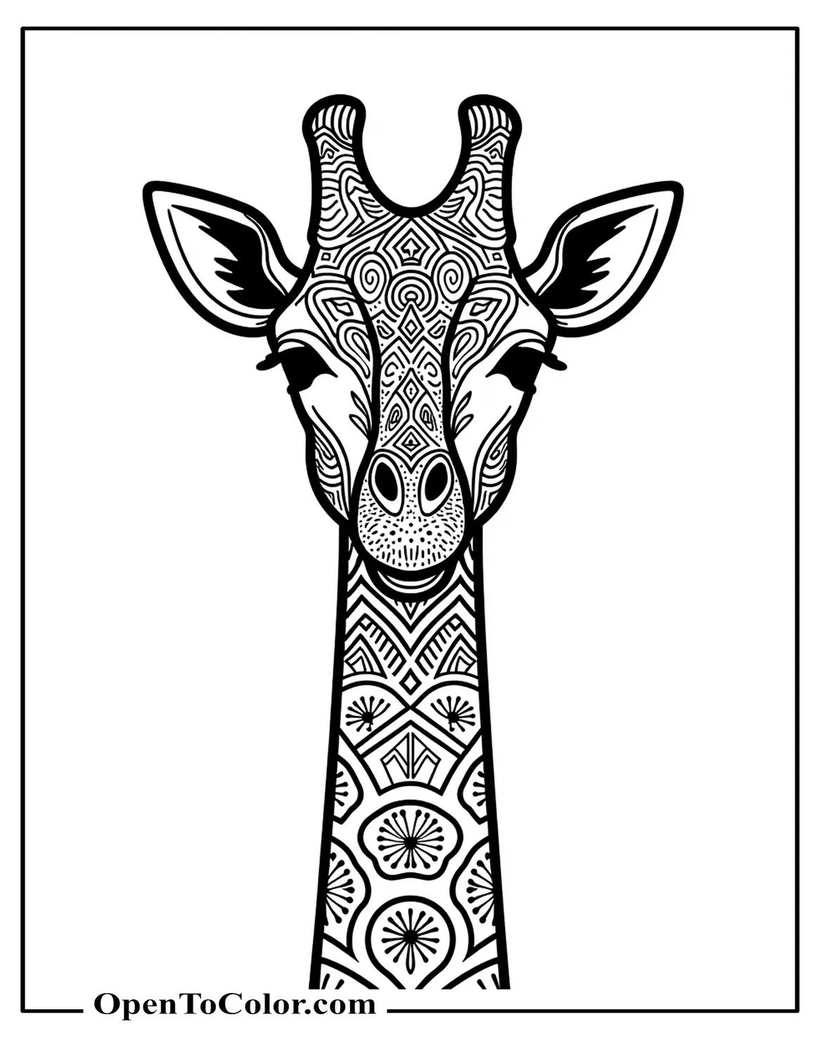 Giraffe head and neck coloring page filled with detailed mandala patterns, printable.