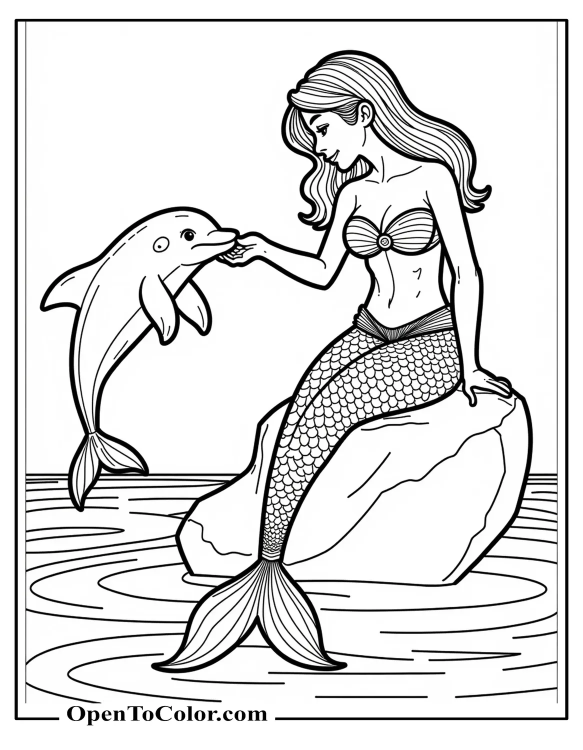 Mermaid Resting On A Rock Reaching Out To A Friendly Dolphin Beside Her Coloring Sheet PDF