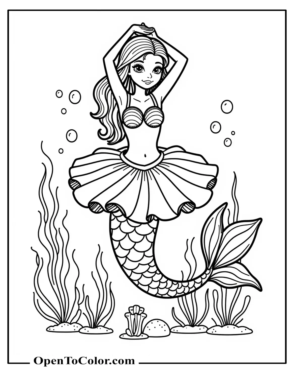 Free Coloring Page of Mermaid with a Ballet Tutu Over Her Tail, Arms Raised in a Graceful Pose among Simple Seaweed and Bubbles