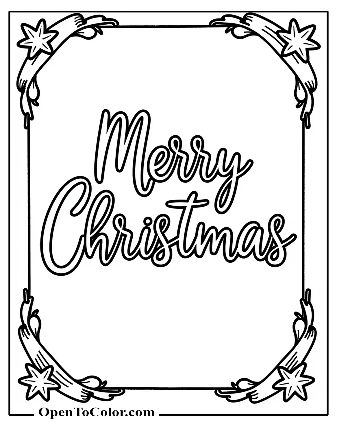 Hand-lettered Merry Christmas Coloring Sheet PDF With Stars, Ribboned Corners