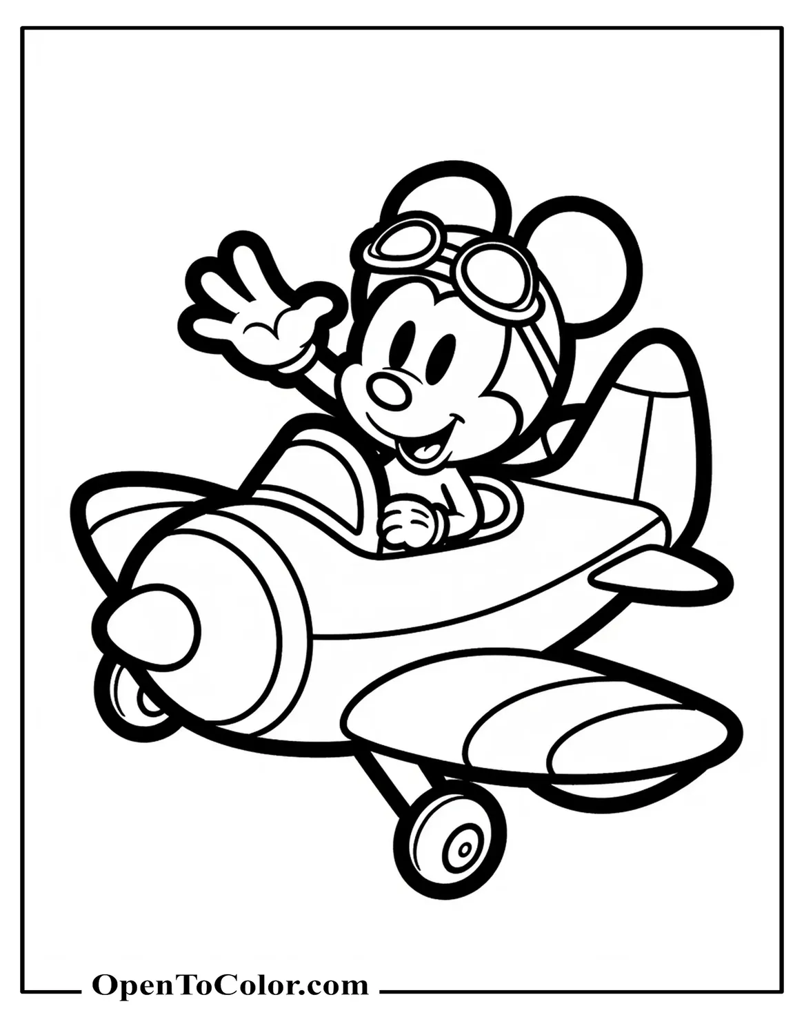 Mickey Mouse in Disney chibi style as a pilot waving from cockpit of a small cartoon airplane coloring page PDF