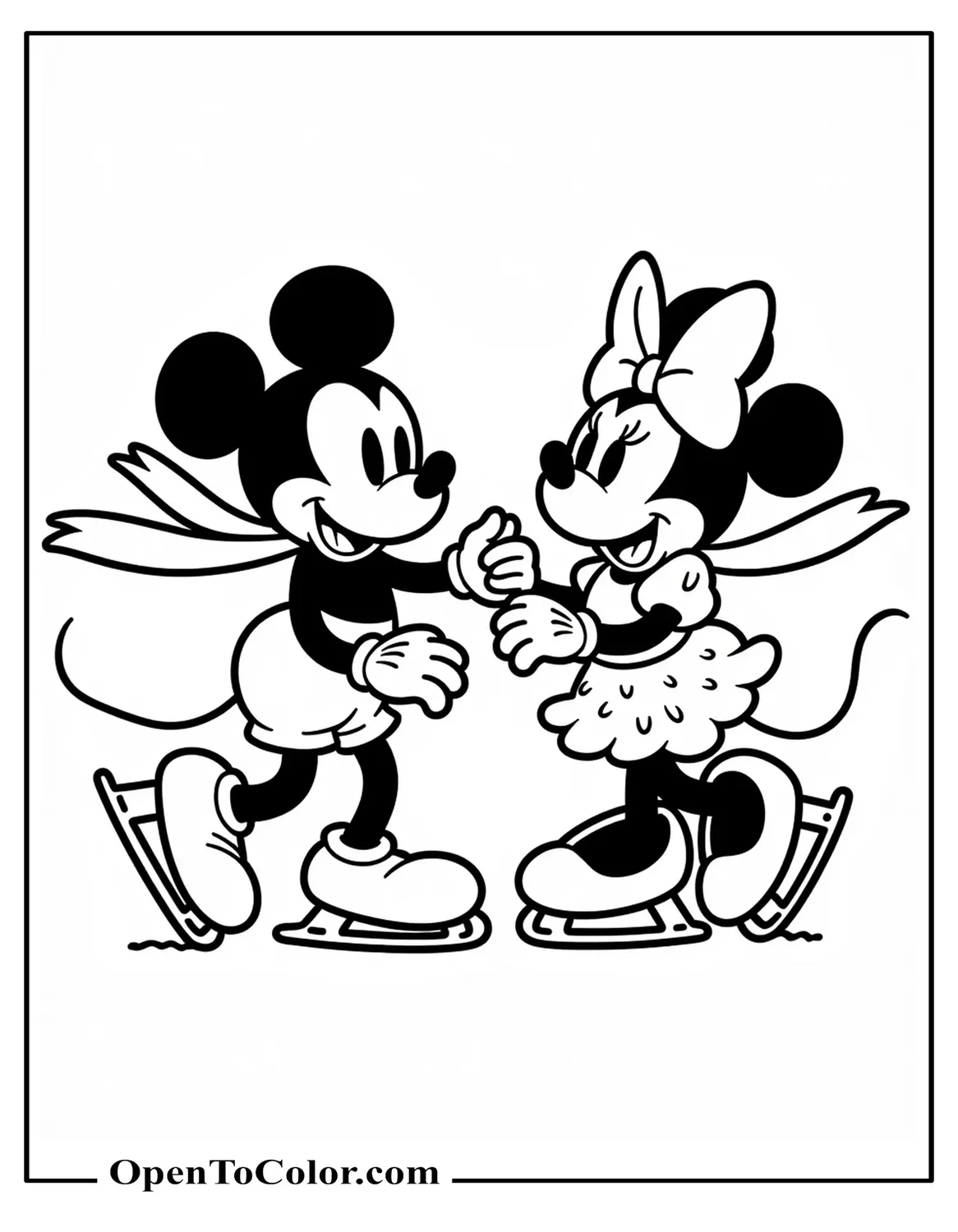 Free Coloring Sheet of Mickey and Minnie Ice Skating Together, Scarves Trailing, Vintage Cartoon Style