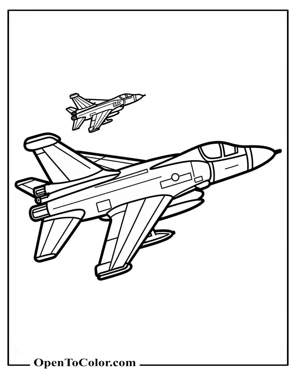 Free Coloring Page of Detailed Military Plane in Formation with One Smaller Jet Behind It