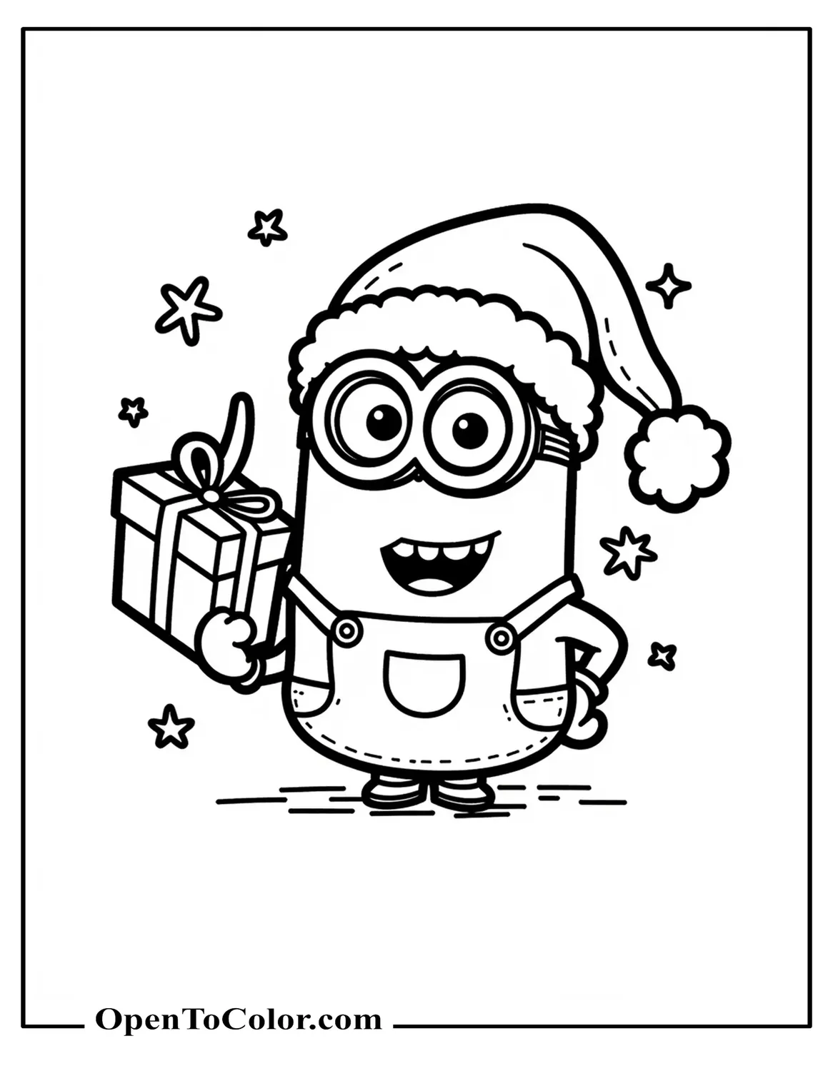 One Minion with Santa Hat Holding a Banana Gift, Snowflakes Behind, Printable Coloring Page