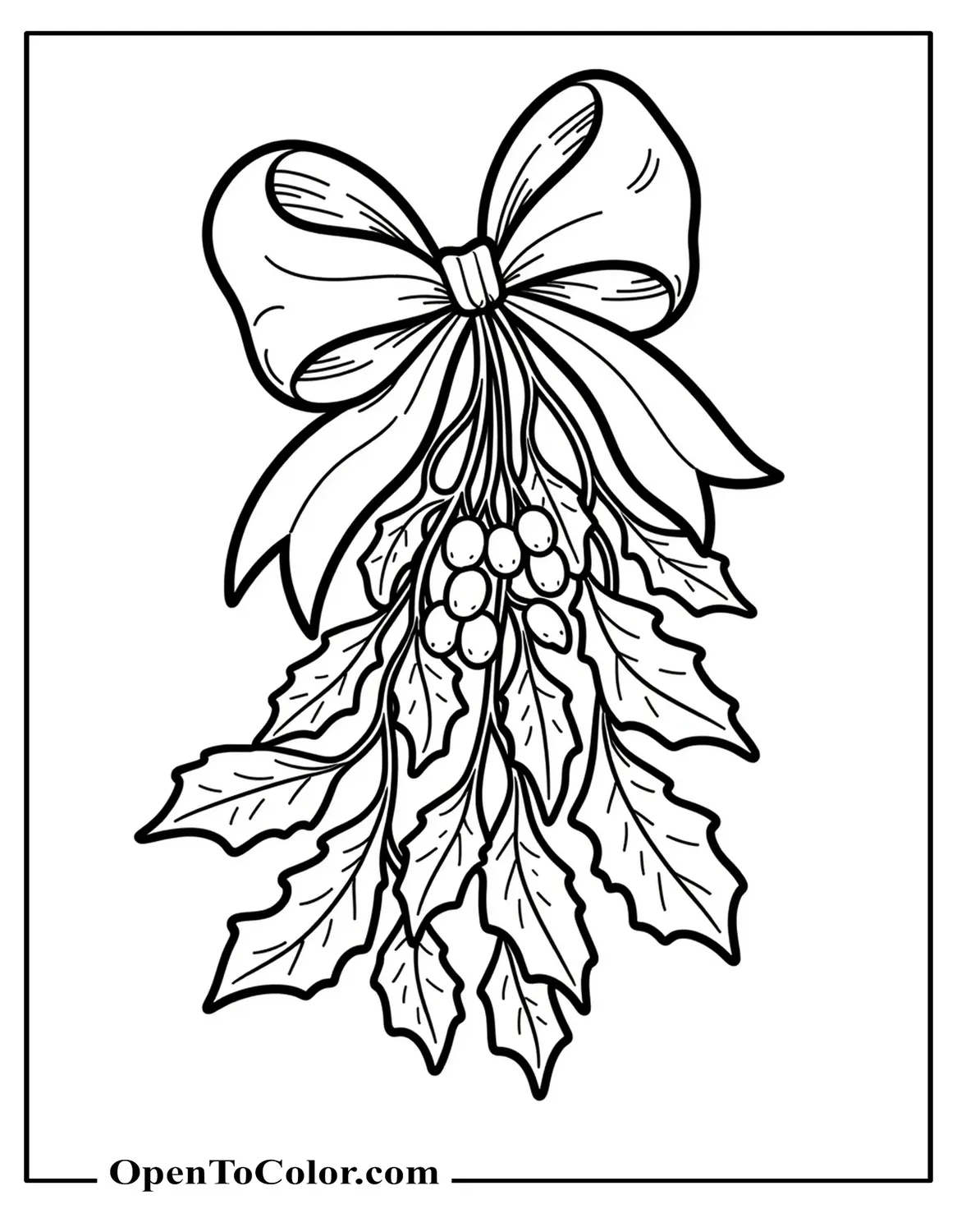 Mistletoe bunch tied with a bow, berries clustered, leaves detailed coloring sheet PDF