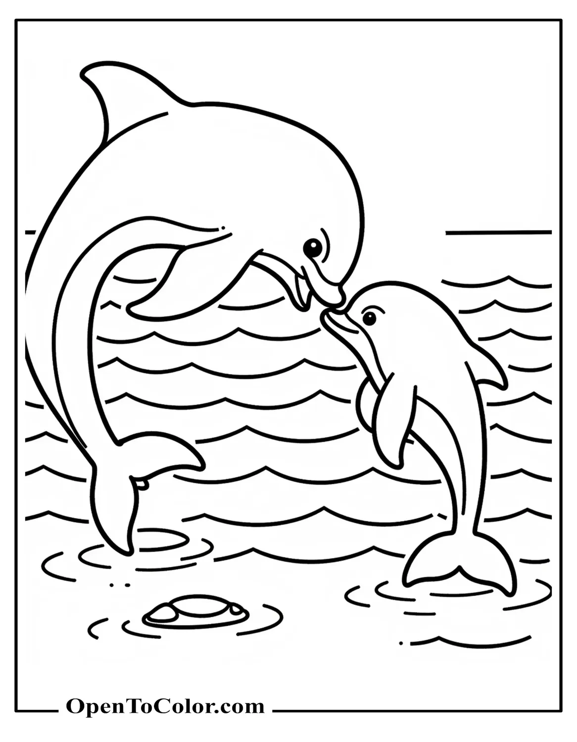 Mother dolphin touching noses with a baby dolphin beneath gentle waves coloring sheet PDF.