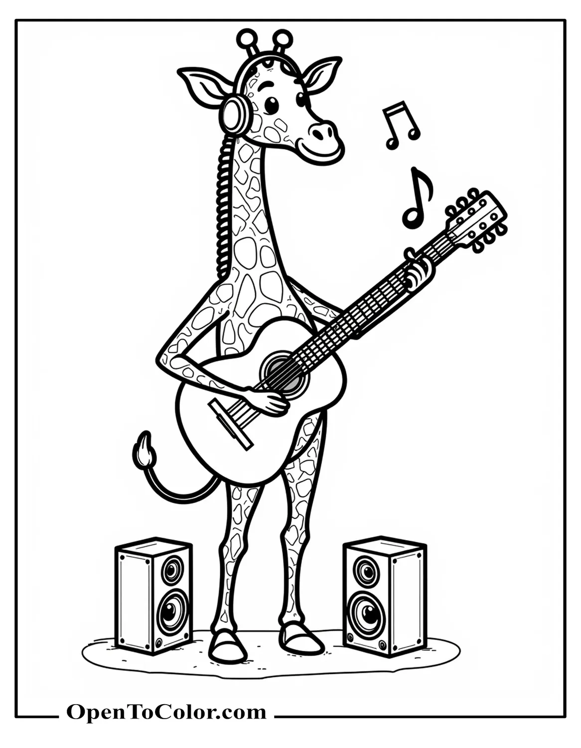 Giraffe Wearing Headphones And Playing A Guitar, Coloring Page PDF, Musical Notes Floating Around, Small Speakers At Its Feet