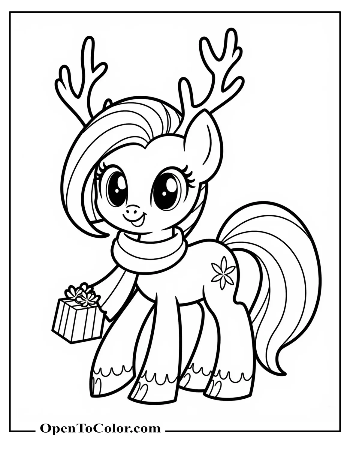 My Little Pony Character With Antlers And Scarf, Gift At Hooves, Coloring Sheet PDF