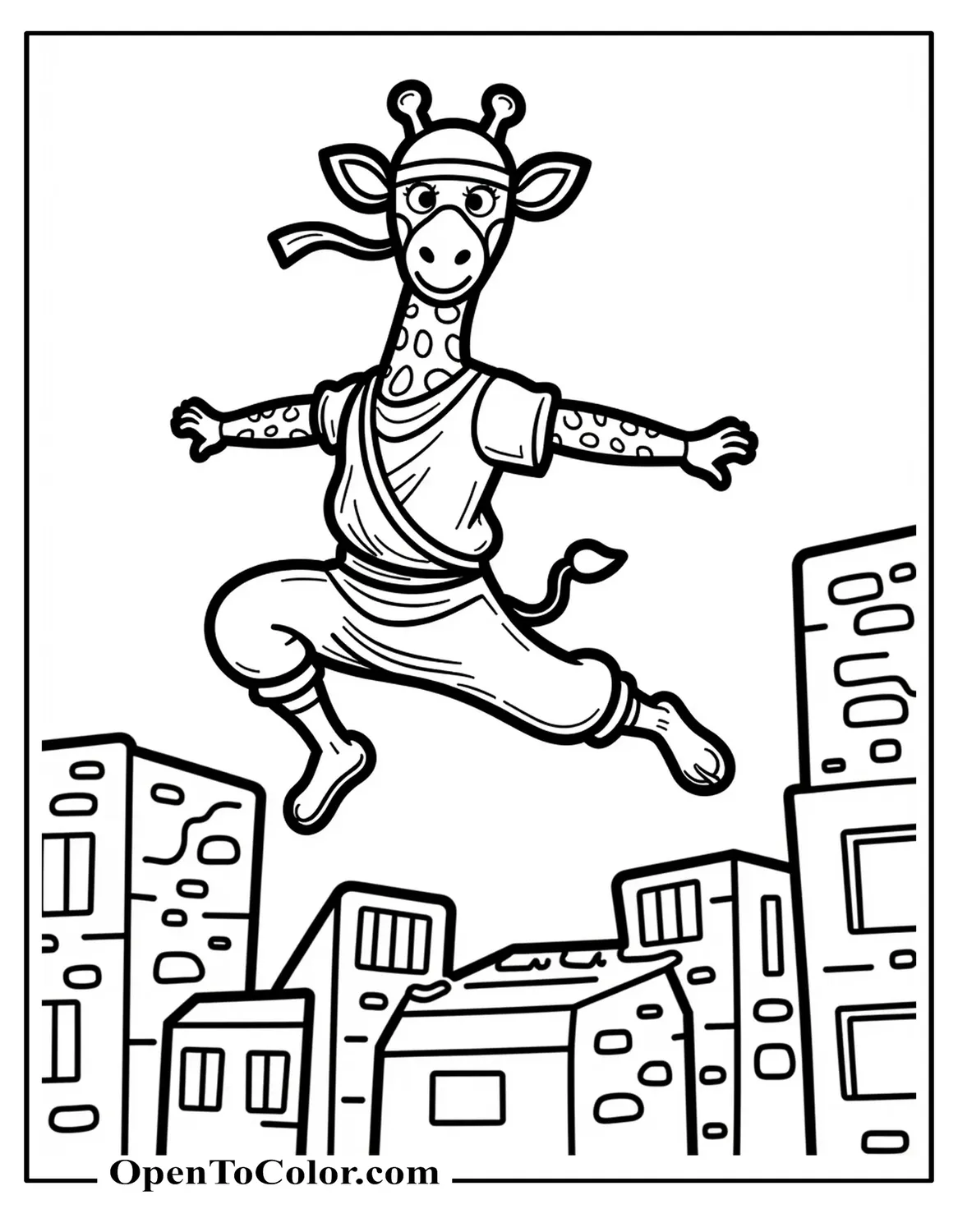 Free Coloring Sheet: Giraffe in Ninja Headband and Outfit Jumping Between Rooftops, Simple Silhouettes of Buildings Below, Action Cartoon Style