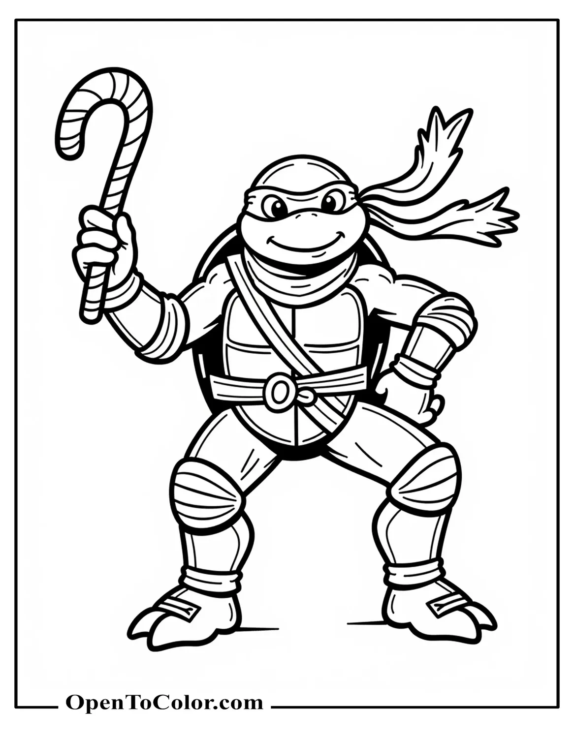 Ninja Turtle Holding A Candy Cane Like A Sword, Scarf Fluttering, Coloring Page, Printable