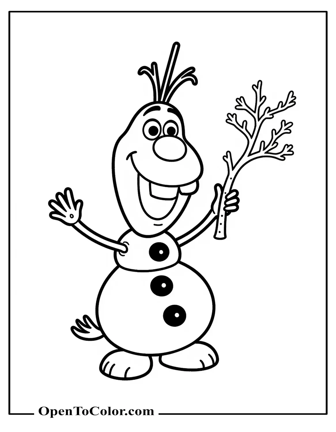Free Coloring Page of Olaf Holding a Small Tree Branch as a Tiny Tree, Smiling Wide