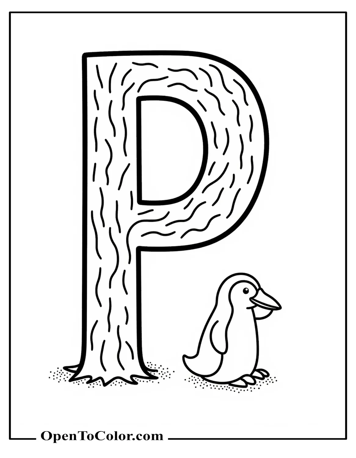 Free Coloring Page Showing Penguin Under A Big Letter P