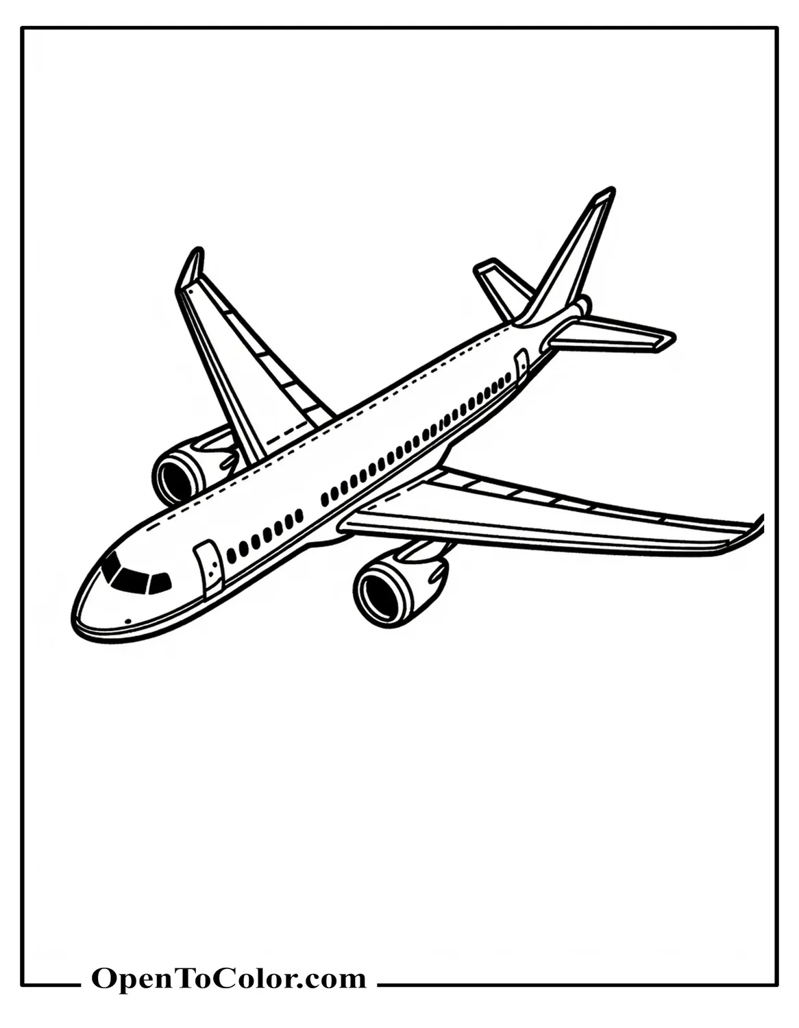 Passenger airplane coloring page, seen from above with rows of windows and wings spread wide, PDF.