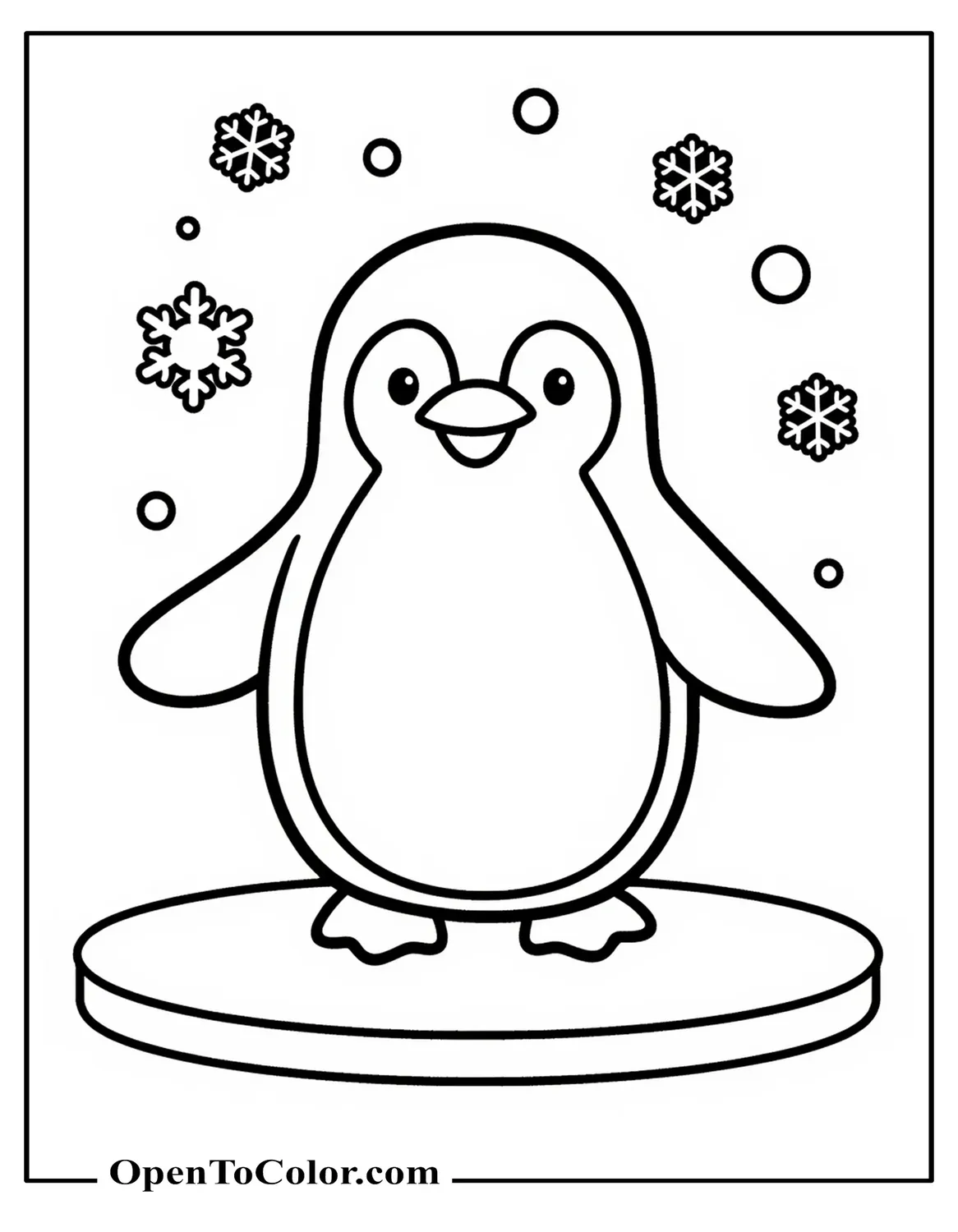 Printable Penguin Coloring Page Featuring a Penguin Standing on Ice with Snowflakes Around