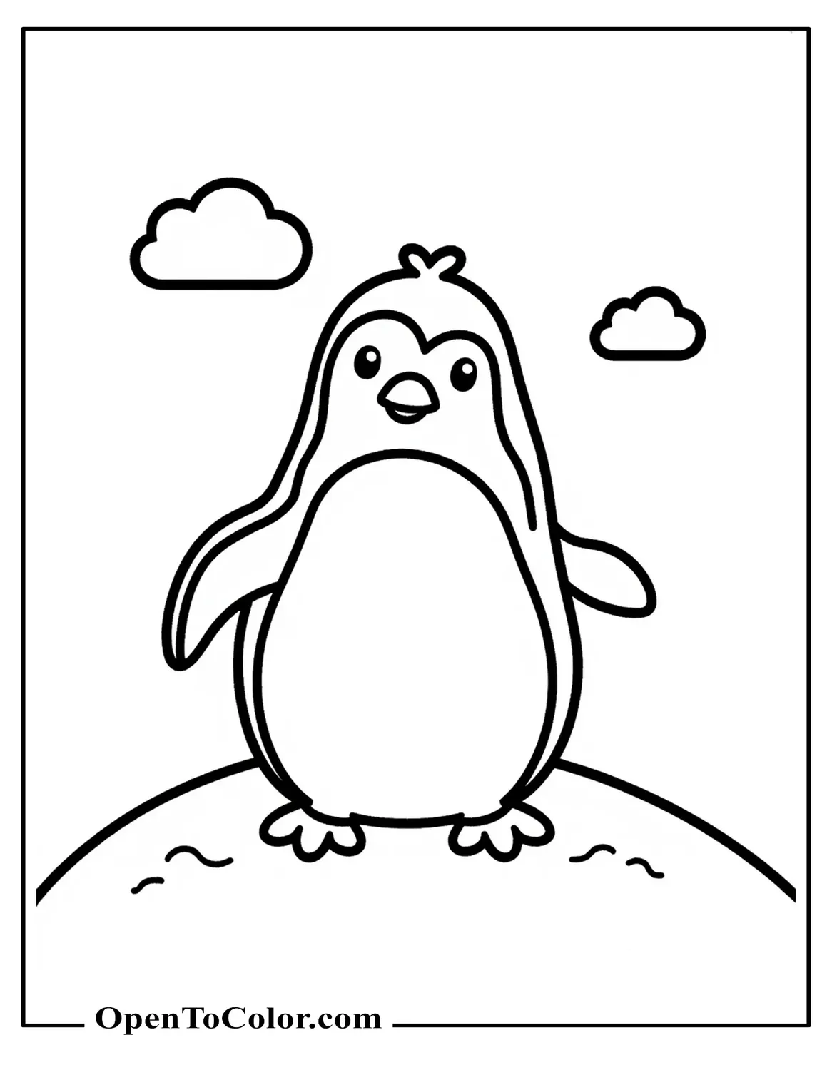 Penguin standing proudly on a small snowy hill with clouds behind, coloring page PDF.