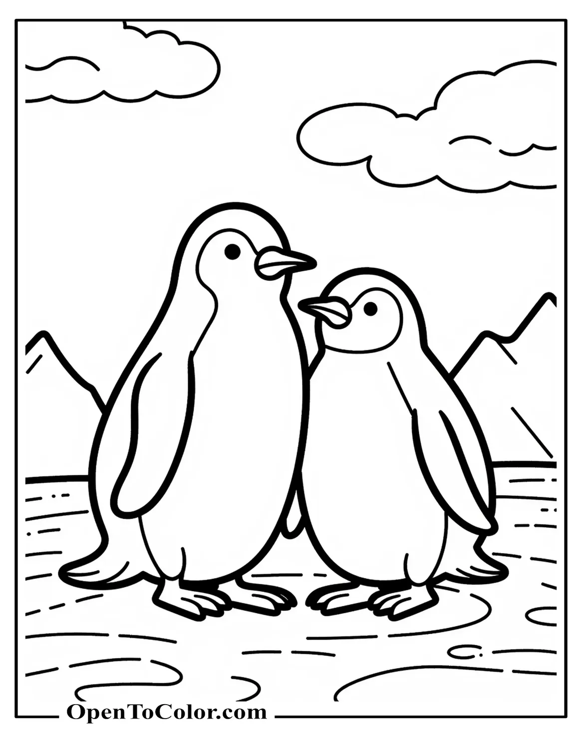 Free Penguin Couple Coloring Page Standing Close Together in Cold Landscape