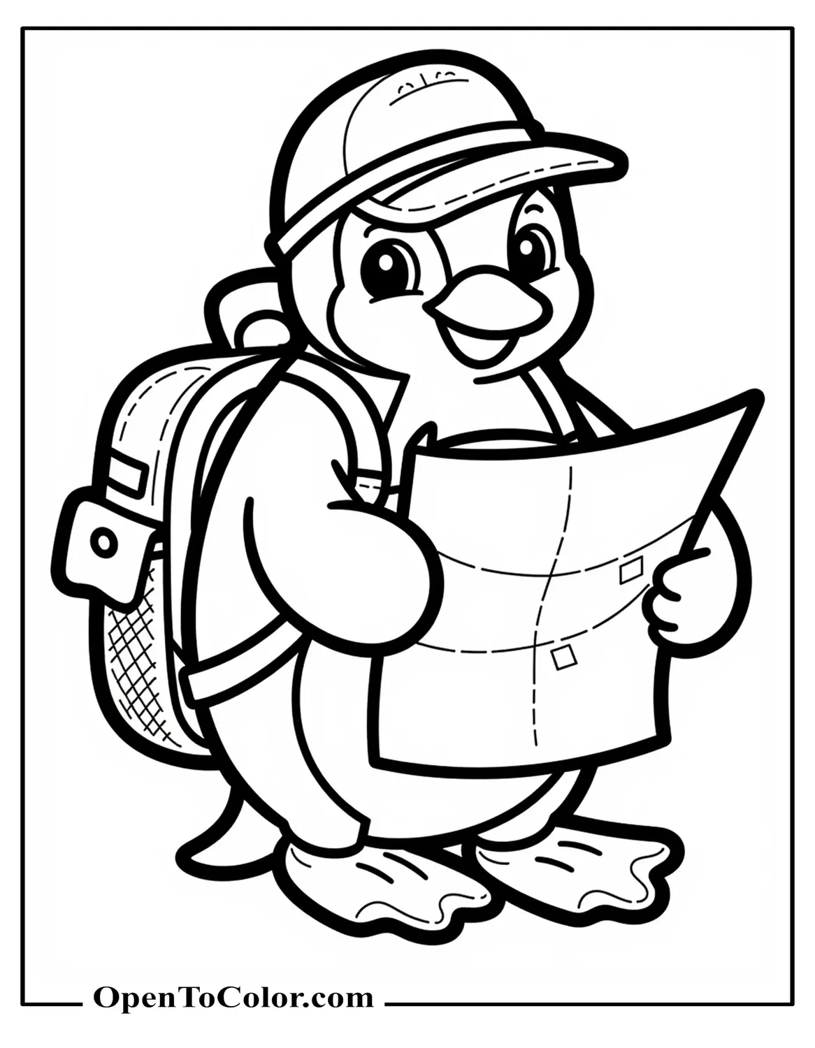 Free Penguin Explorer Coloring Page with Backpack and Map