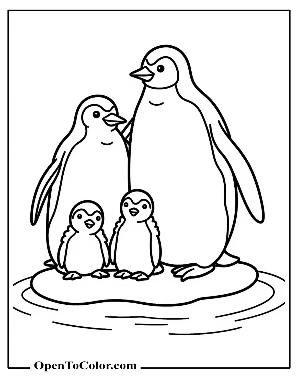 Penguin Family Coloring Sheet PDF with Parents and Chicks on Ice Floe