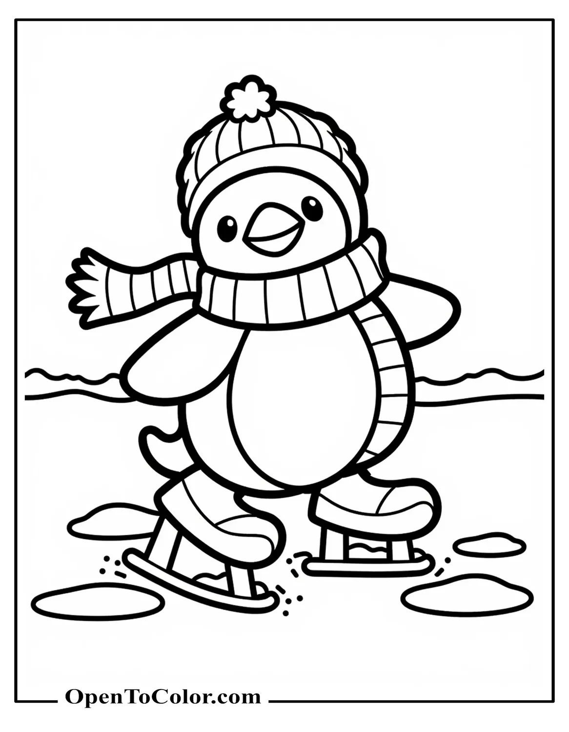 Penguin Ice Skating Coloring Page PDF Printable With Scarf And Ice Rink
