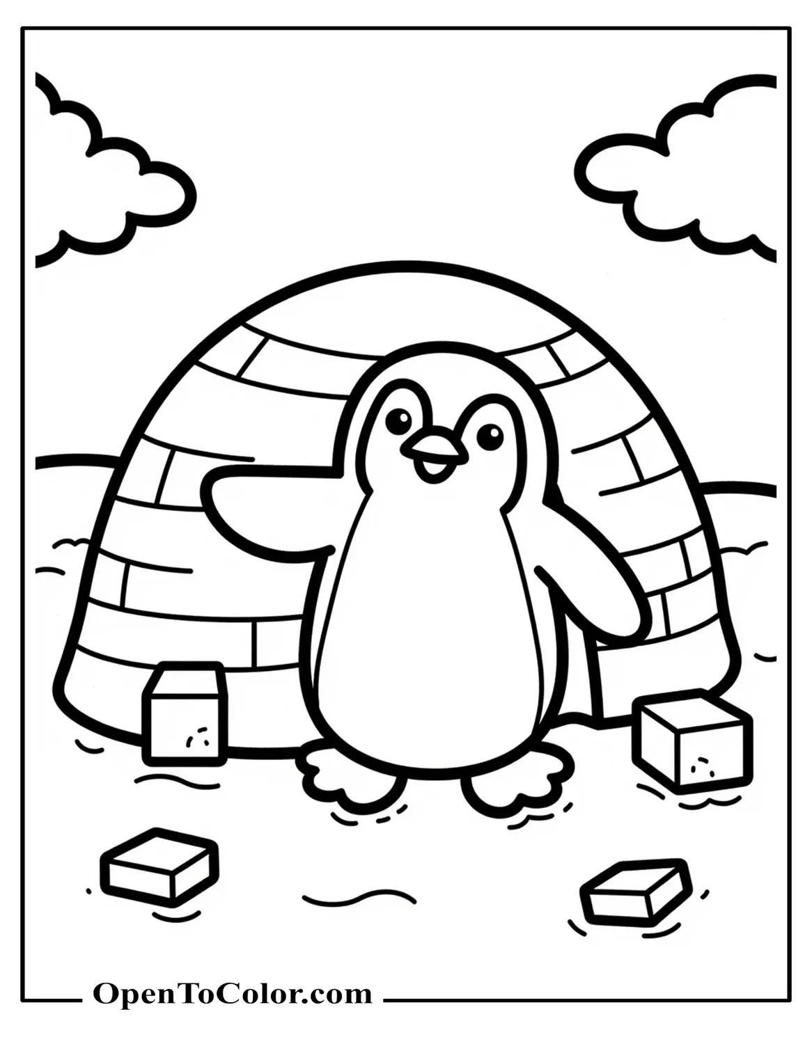Free Penguin in Igloo Coloring Sheet with Snow Blocks and Cold Sky