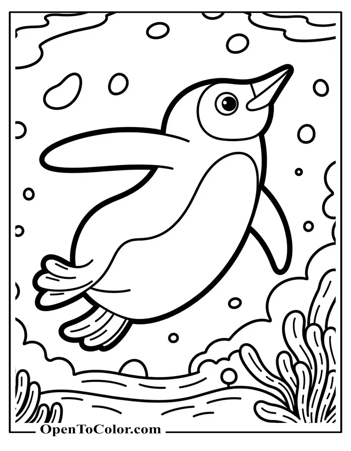 Penguin Swimming Printable Coloring Page Showing Underwater Scene