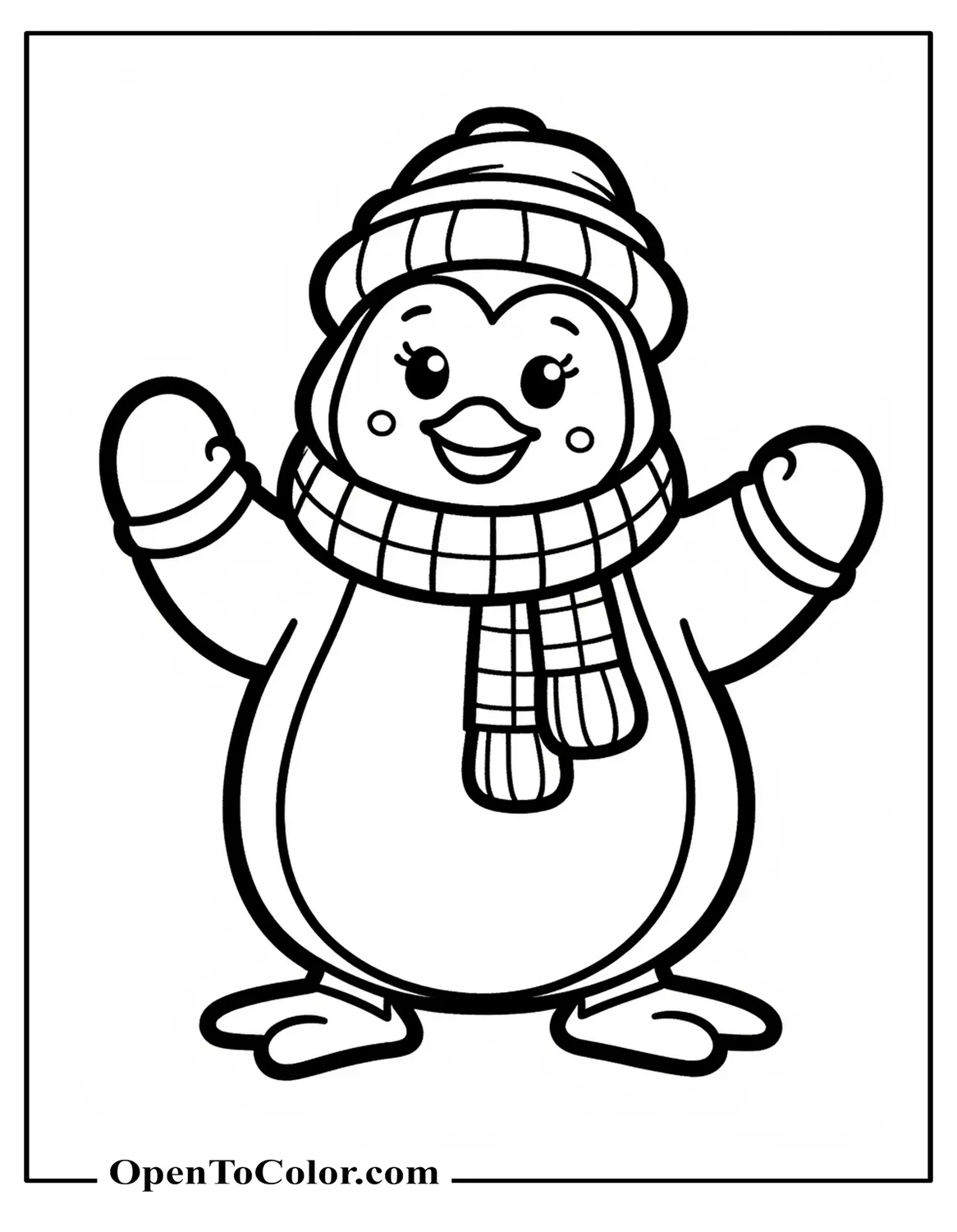 Printable Penguin Wearing Winter Clothes Coloring Sheet with Mittens and Hat