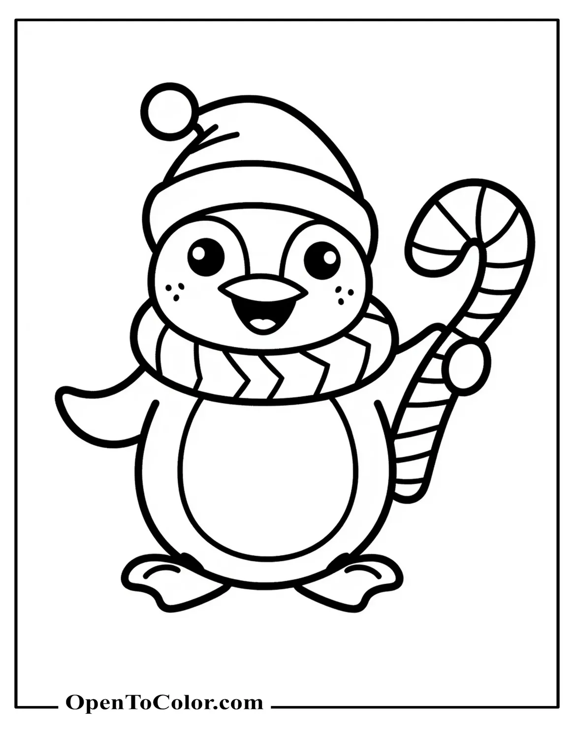 Printable Penguin Holding Candy Cane Coloring Page for Holiday Season