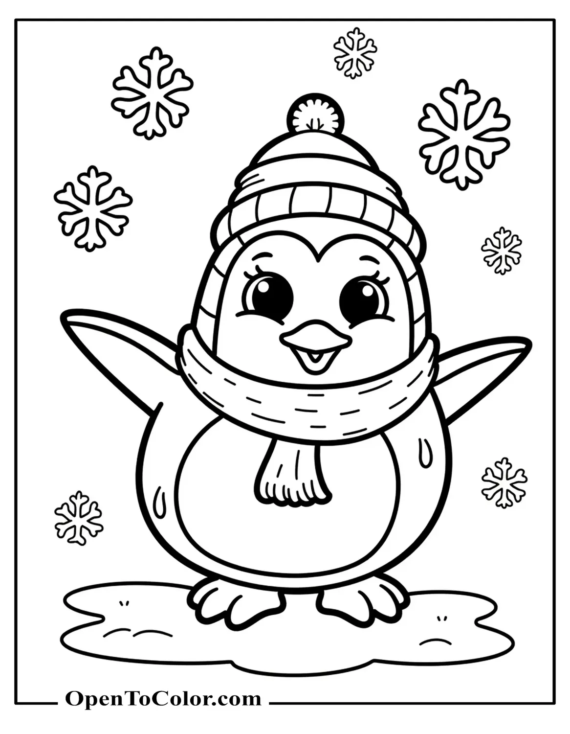 Penguin With Snowflakes Coloring Page PDF Printable For Kids