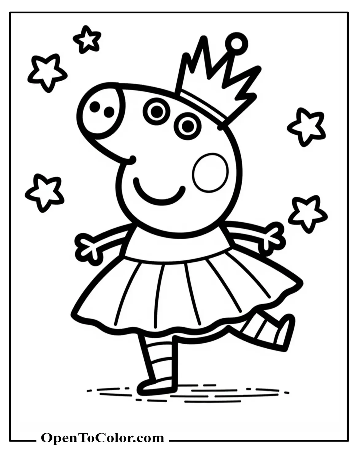 Peppa Pig wearing a tutu and little crown doing a spin with simple stars around her, printable coloring sheet.