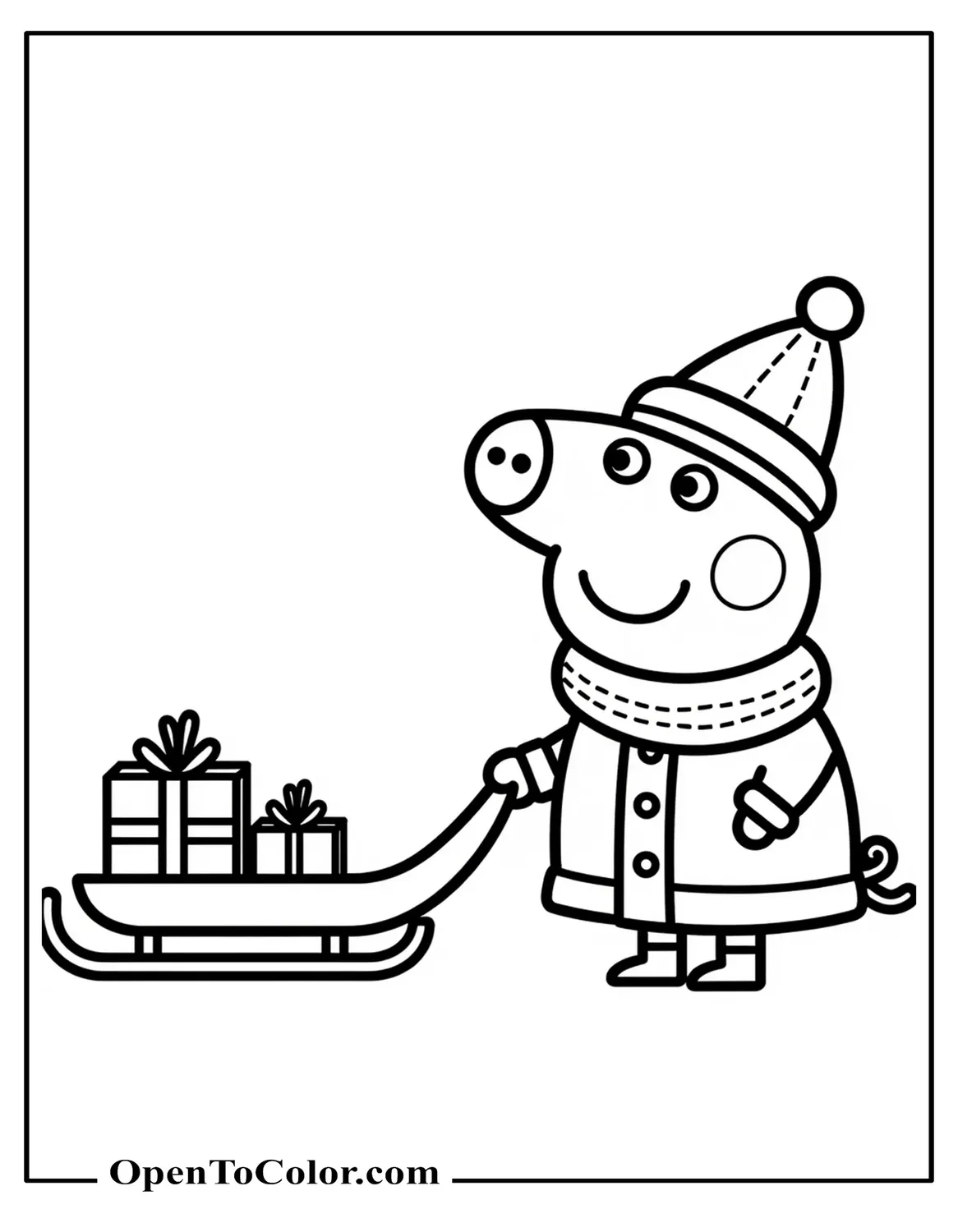 Peppa Pig in a winter coat pulling a small sled with a gift coloring sheet PDF