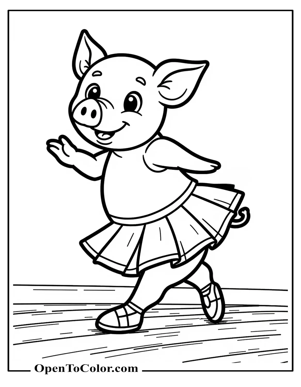 Free Coloring Sheet of a Cartoon Pig in a Tutu and Ballet Shoes Attempting a Clumsy Spin on a Wooden Floor